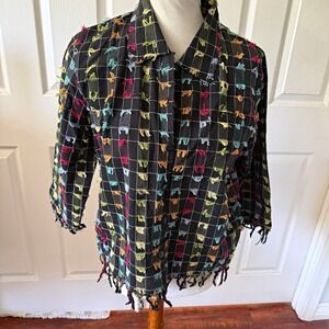 Vintage Onque Casuals 90s Black Cotton Eyelash Fringe Art To Wear Shirt Jacket M